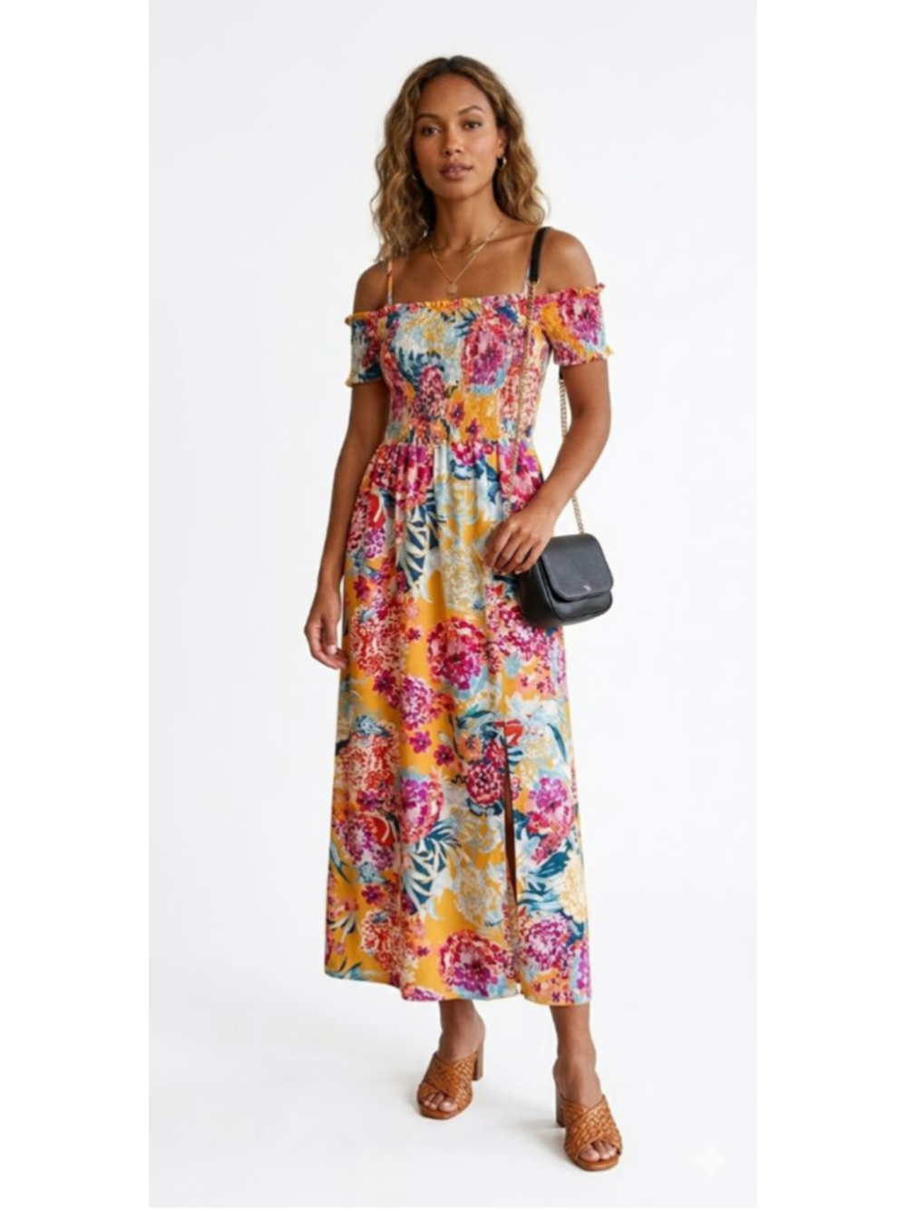 En Focus Studio Floral Smocked Off Shoulder Maxi Dress Size 12 NWOT